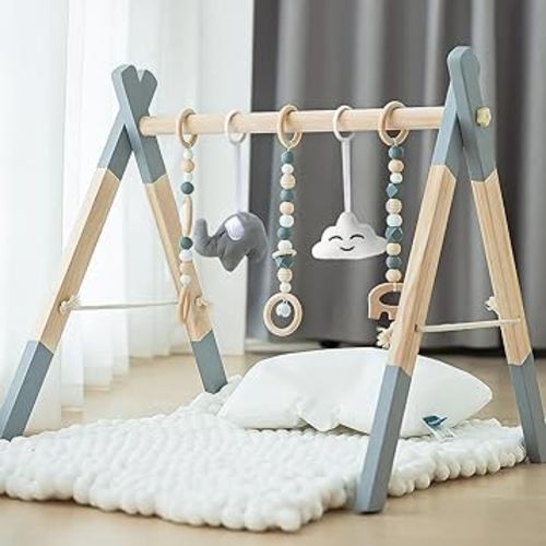 Wooden Baby Play Gym Foldable Baby Play Gym Frame Activity Gym Hanging Bar with 5 Gym Baby Toys Natural for Newborn Baby (Foldable Grey)