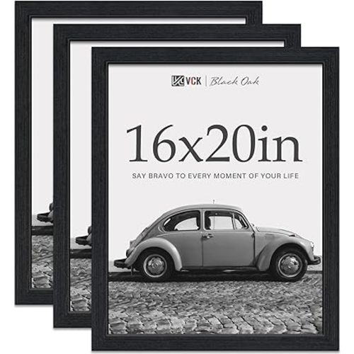 VCK 16x20 Picture Frames for Wall - Black Oak 3 Pack, Natural Wood Grain Solid Wood Poster Frame