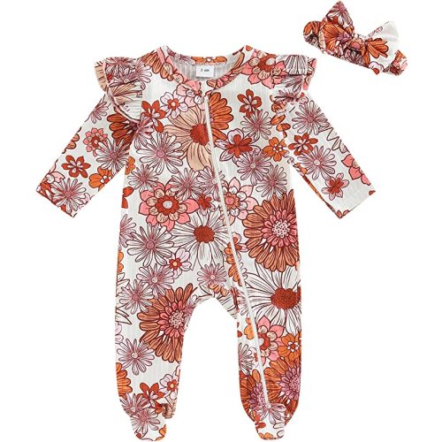 Newborn Baby Girl Boy Footie Romper One Piece Jumpsuit Sleeper Infant Clothes - Flower Footie Red