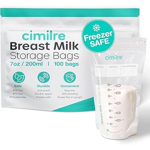 Breast Milk Storage Bags by Cimilre, Leak-Proof Breastmilk Storage Bags, Freeze Flat or Standing, 7 oz. Bags (100 Pack)
