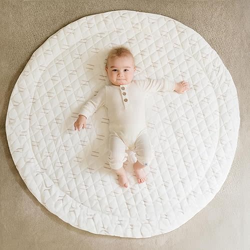 Poppyseed Play Baby Play Mat, Extra-Thick & Extra-Large Round Floor Pad, Designed for Tummy Time, Crawling, & Baby Activity Gyms, Foldable & Portable (Neutral Line, 43" Round)