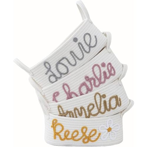 Personalized Baby Name Basket with Handles,Custom Diaper Caddy Cotton Rope Basket,Baby Stuff Organizer Storage Bin for Nursery Toy Room Bedroom Bathroom (S)
