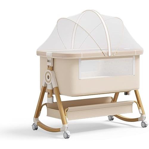 Baby Bassinet, 4 In 1 Portable Bassinet Bedside Sleeper with Wheels Comfy Mattress and Storage Basket, Moises Para Bebe 6 Adjustable Height Rocking Bedside Bassinet for Baby Newborn Boys Girls
