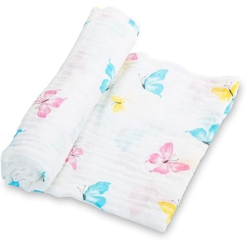 LollyBanks Baby Blankets, 100% Muslin Cotton Swaddle Blanket for Girls, Soft and Large 47 x 47 Inches Newborn Swaddle, Breathable Baby Receiving Blankets, Registry (Butterfly Print)