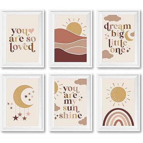 Hadley Designs 6 Reversible 8x10 Boho Unframed Wall Art Prints, Gender Neutral Nursery Decor for Girl or Boy, Bedroom, School, Classroom, Rainbow Baby Shower Decorations