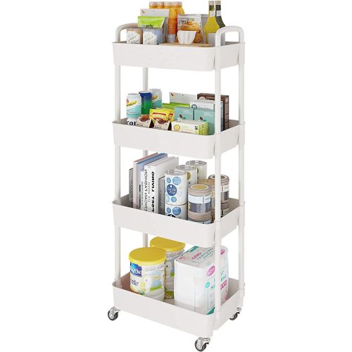 Laiensia 4-Tier Storage Cart,Multifunction Utility Rolling Cart Kitchen Storage Organizer,Mobile Shelving Unit Cart with Lockable Wheels for Bathroom,Laundry,Living Room,With Classified Stickers,White