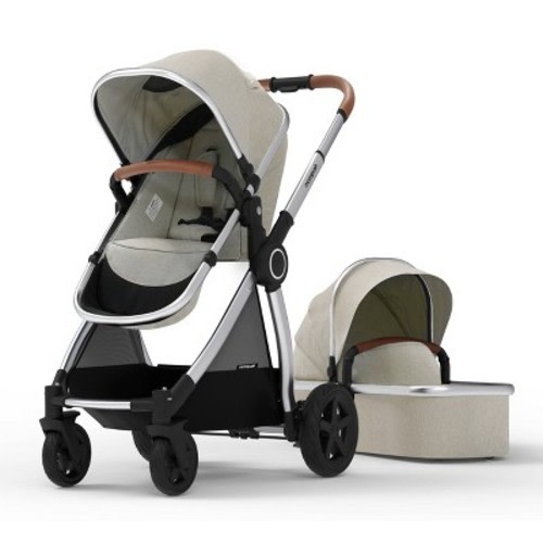 Mompush Ultimate 2 Full Size Stroller with Bassinet - Khaki Fabric Silver Frame