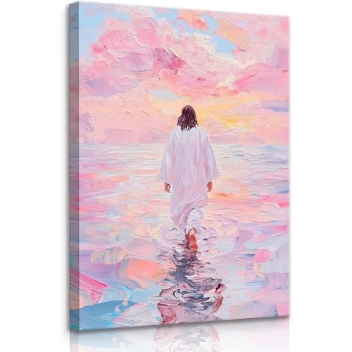Jesus Canvas Wall Art Pink Jesus Walks on Water Canvas Paintings Prints Religious Savior Wall Decor Christian Bible Stories Poster printing Artwork for Living Room Bedroom Church Decoration 12x16in