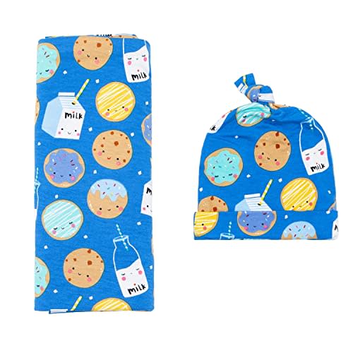Little Sleepies Newborn Swaddle + Hat Set, Viscose Derived from Bamboo Baby Wrap, Blue Cookies & Milk
