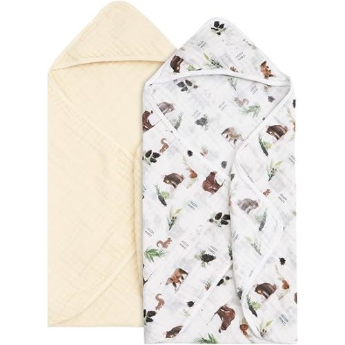 david's kids 2 Pack Hooded Baby Towels, 100% Muslin Cotton Baby Bath Towels, Ultra Soft Breathable Absorbent Towels for Infant Toddler and Kids, Newborn Essentials, Large 32x32Inch, Woodland Animals