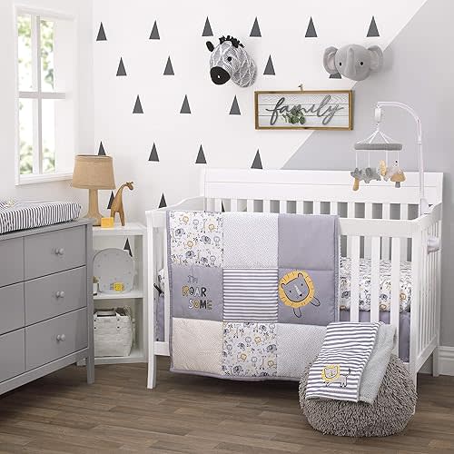 NoJo Little Love Roarsome Lion - Grey, Yellow, White 3 Piece Nursery Crib Bedding Set with Comforter, Fitted Crib Sheet, Dust Ruffle