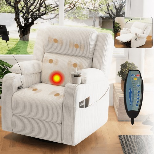 Leumius Recliner Chair with Heat and Massage,270° Swivel Rocker Recliner with Phone Holder & USB Ports,Single Rocker Sofa Nursery Glider with Hidden Storage, Side Pockets, Cup Holder,Beige