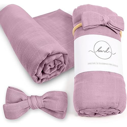 Baby Muslin Swaddle Blanket with Bow — 30% Organic Cotton & 70% Viscose Derived from Bamboo Swaddle Blankets — 47x47 Inches Premium, Soft & Breathable Neutral Swaddles for Newborns by BWD (Mauve)