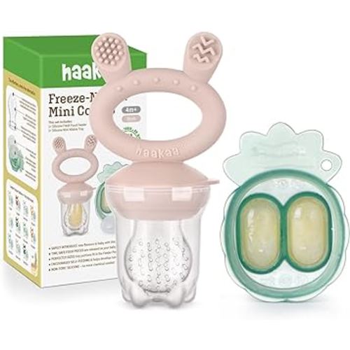 Haakaa Baby Fruit Food Feeder & Mini Freezer Nibble Tray Combo, Breastmilk Popsicle Molds for Baby Cooling Relief, BPA Free Silicone Feeder for Safe Infant Self Feeding, 4 Month+ (Blush)