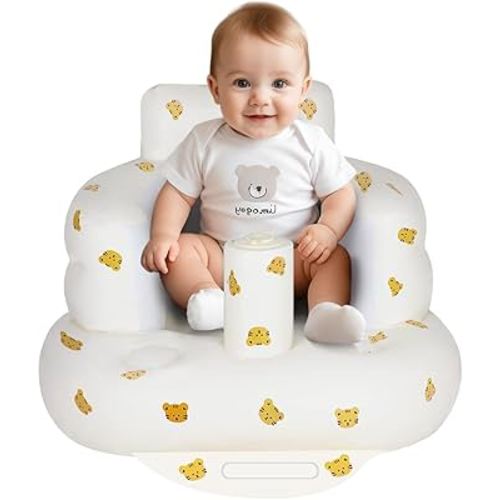 Inflatable Baby Chair, Inflatable Baby Seat for Babies 3 Months and Up, Summer Blow Up Chair with Built in Air Pump, Bumbo Seat for Learning to Sit, Palying, Camping, Tiger