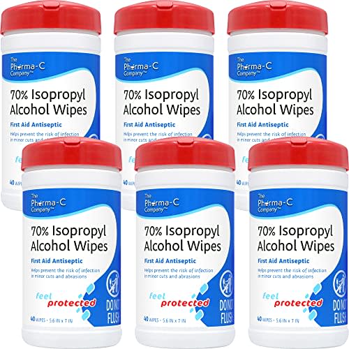 The Pharma-C Company -70% Isopropyl Alcohol Wipes [6 pack - 40ct Canisters] - Bulk IPA First Aid Antiseptic Wound Cleaner with Moisture Lock Lid. For minor cuts, scrapes, and burns.