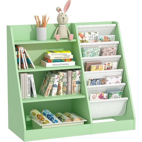 Kids Bookshelf Toddler Bookcase Children Book Rack Baby Toy Storage Organizer Child Book Display Shelf 4-Tier 5 Layer Sling Cabinet Chest Playroom Bedroom Classroom Library Green