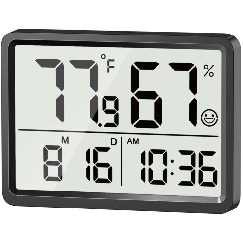 VOCOO Digital Temperature Humidity Meters Gauge Indoor Thermometer Hygrometer, Large Digital Date Clock for Home Baby Room Garage Wine Cellar Black