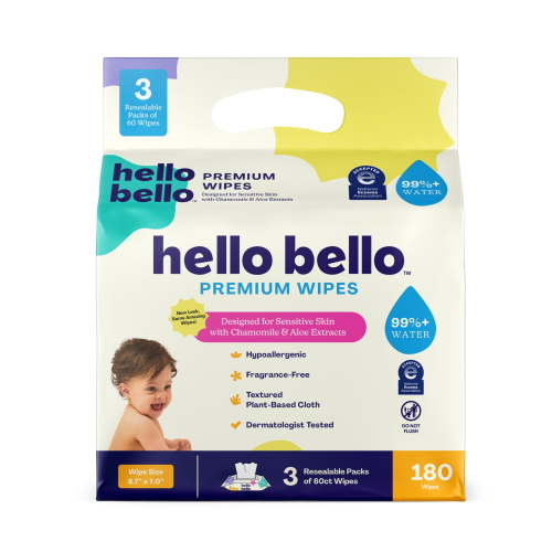 Hello Bello Baby Wipes, Soothing Wet, Fragrance-Free, 180 Unscented Plant-Based Wipes, 3 Pouch Pack