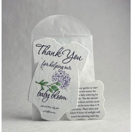 Infant Bodysuit Shape Thank You Baby Blooms Seed Paper 3&quot; x 2&quot; Wildflower Cotton with guides and envelopes - Pick your Flower