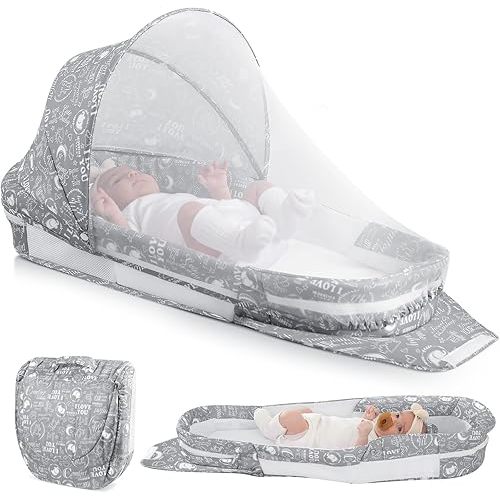 Portable Baby Lounger, Foldable Diaper Bag Babies Nest with 2-in-1 Detaches Mosquito Net & Canopy & Waterproof Pad, Travel Pod Rest Mat, Easy Setup and Storage Ideal for Outdoors Indoors (Gray)