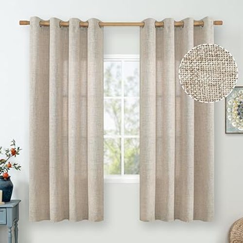 Linen Curtains for Living Room 63 Inch Length, Burlap Textured Light Filtering Privacy Semi Sheer Grommet Window Drapes for Farmhouse Bedroom Decor, 52 Inch Wide 2 Panels, Natural