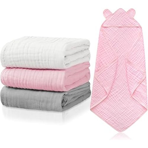 Preboun 3 Pcs Muslin Baby Bath Towel with Hood 6 Layers Cute Hooded Baby Towels Cotton Absorbent Baby Hooded Towel for Newborn Kids Girl Infant Boys Toddler Shower Gift Supplies (Grey,Pink,White)