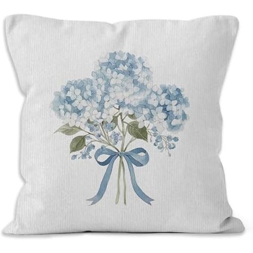 Blue Hydrangea Coquette Bow Floral Throw Pillow Covers 18x18
