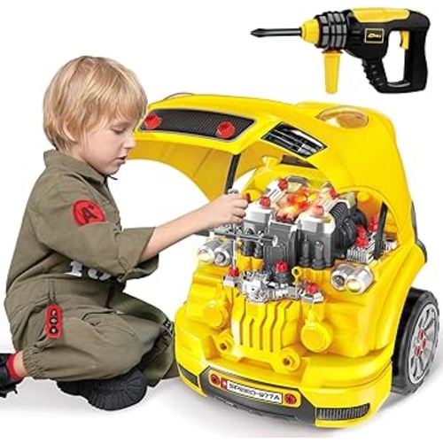 Deejoy Large Truck Builder Kit for Toddlers 3-5, Kids Mechanic Workshop Set with Light and Sound, Removable Engine, Yellow, 15.3x18.7inch