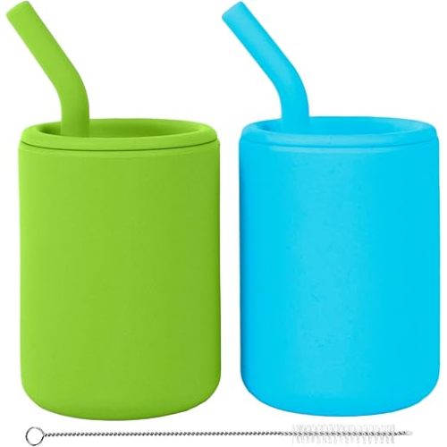 WeeSprout Silicone Baby Cups With Straws and Lids, 4 & 8 oz Options, Set of 2, Food Grade Toddler Training Container, Built In Straw Stoppers, Measurement Markings, Dishwasher Safe + Straw Cleaner
