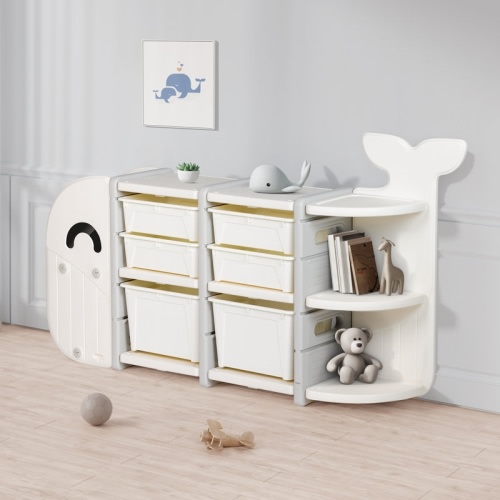 DUKE BABY Kids Small 3 Layer Toy Storage Organizer with 6 Storage Bins and Display Bookshelves for Kids Playroom Bedrooms Age 1-12, Whale Collection