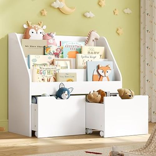 Kids Bookshelf - 4 Tier Small Bookcase for Kids Room, Toy Storage for Children with 2 Movable Drawers, Hidden Wheels, Toddler Book Display Shelves for Classrooms, Nursery, Playroom and Bedroom, White
