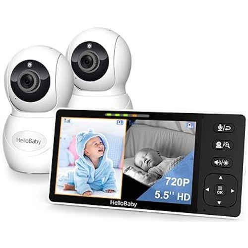 HelloBaby 720P 5.5" HD Baby Monitor 2 Cameras and Audio, No WiFi, Split Screen Remote Pan Tilt Zoom Video Baby Monitor Wide View Range, 1080P Camera, Night Light, 4000mAh Battery, Time&Clock