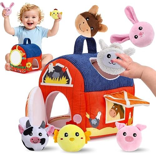 Baby Toys 6-12 Months, Soft Barn Montessori Sensory Infant Toy for 6 7 8 9 10 Month Old, 1st Birthday Baby Gifts for 1 Year Old Boy Girl, Stuffed Farm Animals, Rattle Squeaky Crinkle Sound & Mirror