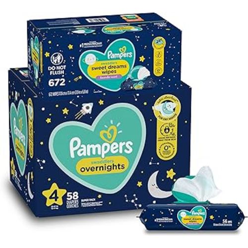 Overnight Diapers Size 4, 58 Count and Baby Wipes - Pampers Swaddlers Overnights Disposable Baby Diapers and Wipes, 12X Pop-Top (672 Count)