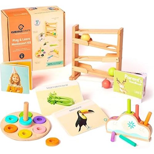Wooden Montessori Toys Box for Toddlers | 6 in 1 Learning Educational Toys - Wooden Ball Tracker, Ring Stacker, Pop up Toy & More | Developmental Toy Set & Gift for 13 Months+