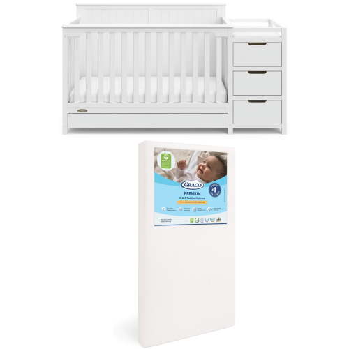 Graco Hadley 5-in-1 Convertible Crib and Changer and Premium Crib & Toddler Mattress Bundle, White
