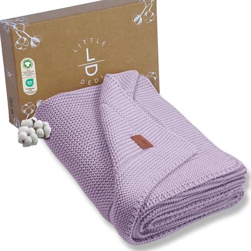100% Organic Cotton Baby Knitted Blanket for Girls/Boy Lavender Frost 30"x40"-Swaddle and Receiving Blankets Neutral-Soft Toddler, Crib, Stroller, Newborn Baby Blanket for Nursery