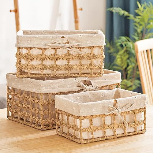GIB Wicker Storage Baskets Set of 3, Hand-Woven Paper Rope Decorative Rectangular Small Wicker Baskets for Organizing, Cube Storage Bins for Shelves, Natural