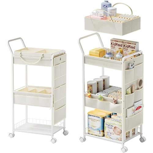 BBLIKE 3-Tier Diaper Caddy Organizer - Rolling Utility Baby Cart with Basket and Side Pockets for Nursery and Baby Essentials, Multi-Function Cart for Bedroom and Bathroom, Begie