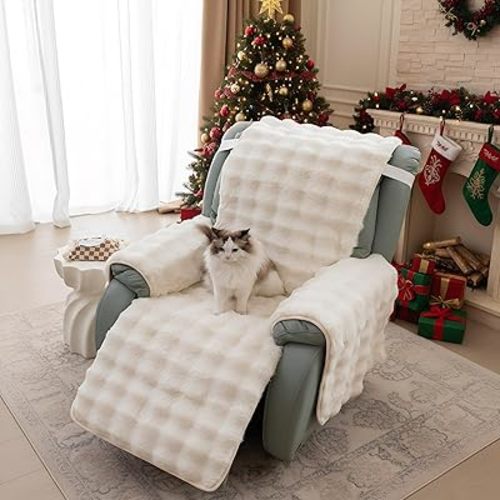LiveGo Thick Rabbit Plush Recliner Slipcover 23 Inches Chair Covers Lazy Boy Recliner Chair Cover Quilted Cover for Recliner Chairs and Furniture (Cream White)