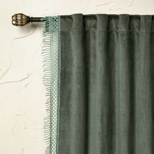 54"x84" Light Filtering Velvet Macrame Trim Window Curtain Panel Teal - Opalhouse™ Designed With Jungalow™