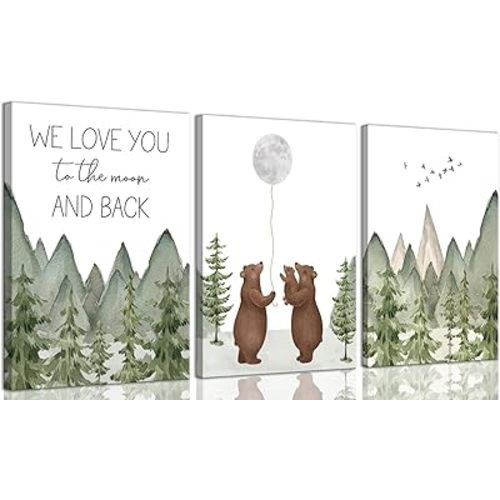 3Pcs Baby Bear Nursery Canvas Wall Art Woodland Brown Bear Wall Decor Picture Mountain Nursery Print Love You To The Moon And Back painting Artwork for Boy Girl Newborn Home Decor 12x16in