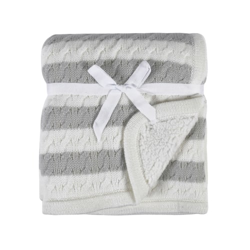 Modern Moments by Gerber Infant Baby Boy or Girl Cable Knit Blanket with Sherpa, Gray Stripes