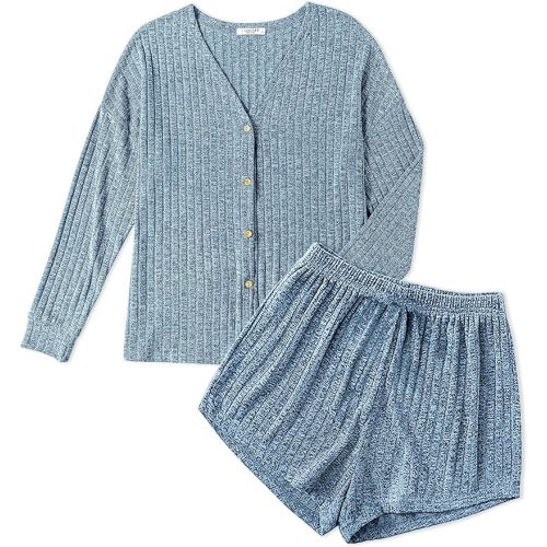 Ekouaer Ribbed Knit Pajamas Sets for Women Button-Down Loungewear Casual Shirt and Shorts 2 Piece Long Sleeve Soft Lounge Set - Medium - Blue