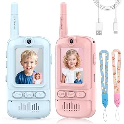 Video Walkie Talkies for Kids,2 Pack-Kids Video Call Device with HD Camera,Filters,Voice Changer & Voice Message,Auto Pairing, Durable for Indoor & Backyard Use