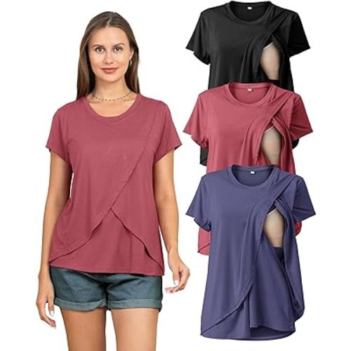 Rnxrbb 3 Pack Women's Nursing Tops for Breastfeeding Summer Short Sleeve T Shirts Postpartum Double Layer Clothes