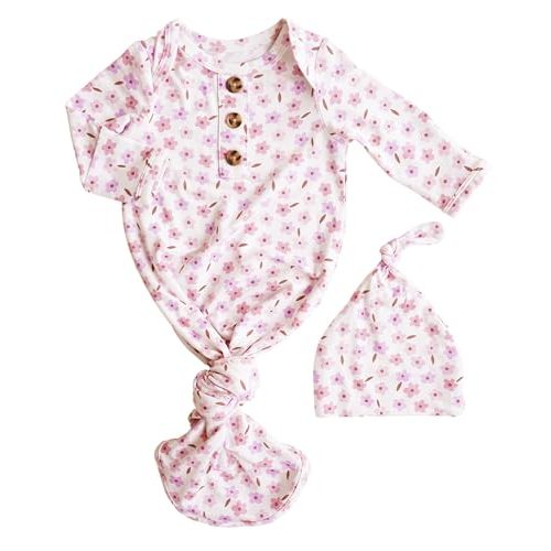Caden Lane Newborn Knotted Gown with Hat, Soft Bamboo Viscose Baby Sleep Sack, Unisex Infant Nightgown, Breathable Sleepwear