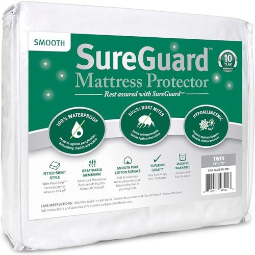 SureGuard Twin Size Mattress Protector - 100% Waterproof, Hypoallergenic - Premium Fitted Cotton Cover - Smooth - Smooth Cotton