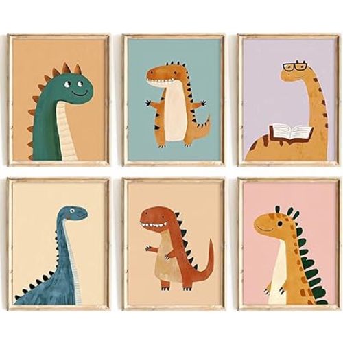 Lhoiplme Dinosaur Nursery Wall Art Decor Baby Boy Kids Room Canvas Pictures Dino Toddler Wall Decor Boy Nursery Posters Dinosaur Neutral Prints Artwork for Playroom Bedroom 12x16x6 Inch Unframed